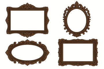 Victorian frame collection. Set of ornate brown wooden picture frames with antique rococo and baroque style carving. Classic vintage border design elements for photos or mirrors.
