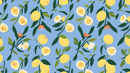 Seamless pattern with lemons and leaves on a light blue background, repeated fruit design, modern art