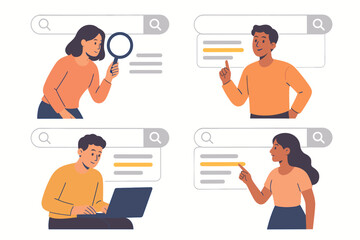 People searching for information online illustration set. Man and woman characters with search engine bar. Concept for SEO, web research, data browsing, and digital marketing.