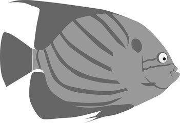 Flat vector illustration of a stylized tropical fish in shades of gray. Simplified, cartoon-style marine life design suitable for ocean-themed educational materials, kids' content, or aquatic decor