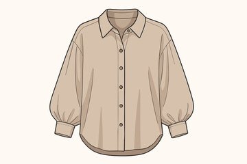 Oversized women's blouse with balloon sleeves technical flat sketch. Button-down shirt fashion vector illustration. Ladies apparel design template. Garment CAD drawing for clothing.