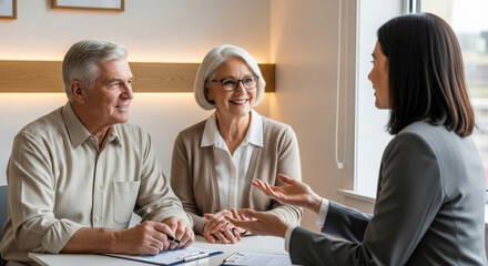 Happy senior couple consulting with a financial advisor for retirement planning. Smiling mature man and woman discussing investment options and insurance with their trusted agent.