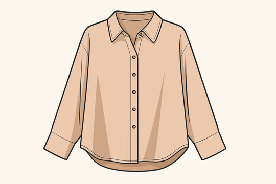 Women's long sleeve button-down shirt vector illustration. Fashion flat sketch for apparel design. Beige oversized blouse technical drawing. Clothing template or mock-up.
