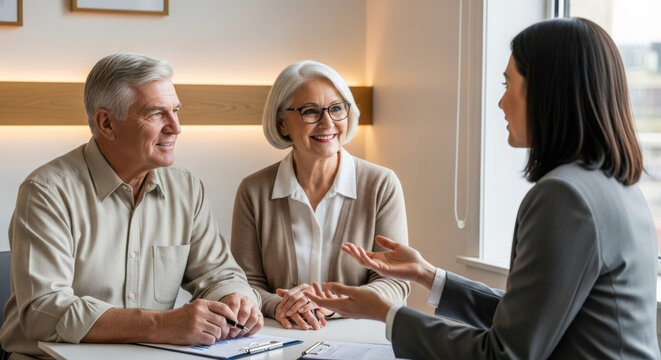 Happy senior couple consulting with a financial advisor for retirement planning. Smiling mature man and woman discussing investment options and insurance with their trusted agent.