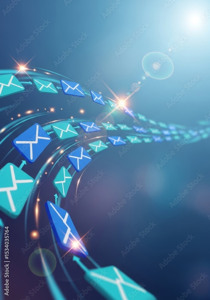 Poster global email network flow - stream of emails flowing across a network, representing fast communicati