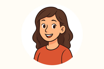 Cartoon woman avatar illustration. Friendly smiling girl with brown hair. Happy young female character portrait for profile picture or social media icon. Vector headshot concept.