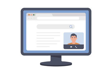 Video conference call on a computer monitor. Man in an online meeting on a web browser screen. Remote work, virtual communication, webinar, customer support concept vector.