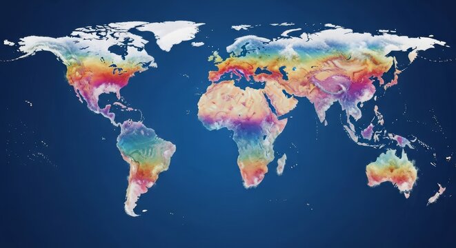 Global Climate Zones Map - A vibrant world map illustrating diverse climate zones, symbolizing global temperature variations, ecological diversity, geographical patterns, environmental balance, and