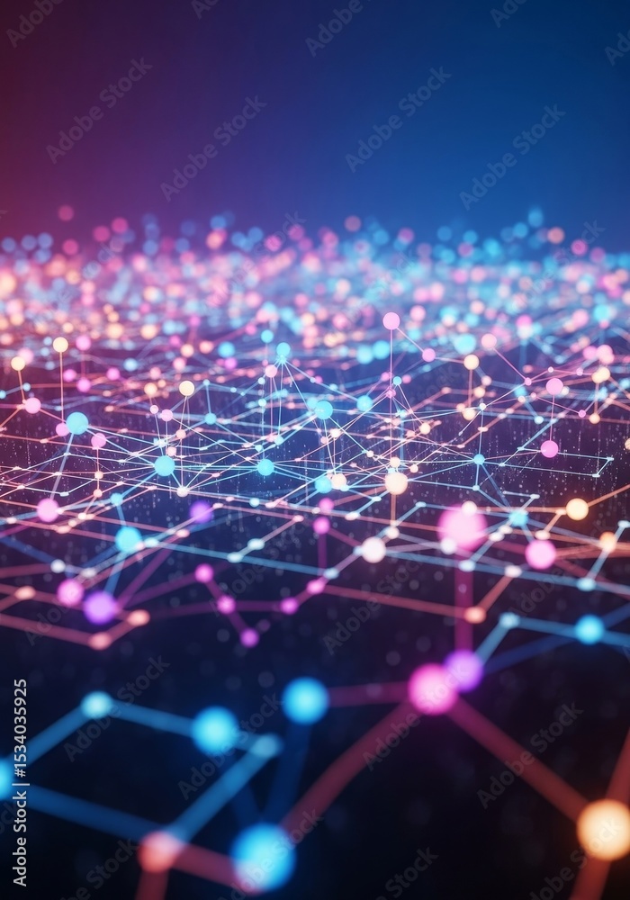 Poster global network connections - abstract depicting a complex network of interconnected nodes and lines,