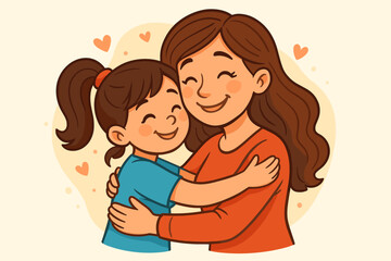Happy mother and daughter hugging. Loving mom embracing her little girl with care and tenderness. Concept of family love, motherhood, and affection. Cute vector for Mother's Day.
