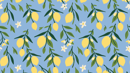 Seamless pattern featuring lemons on branches with leaves and small white flowers on a light blue background