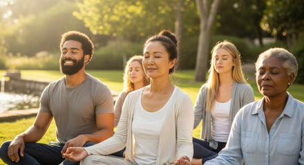 Diverse group meditating in nature. Multi-ethnic people in yoga class at park. Mindfulness, wellness, gratitude concept. Mental health, relaxation, serenity, spiritual community.