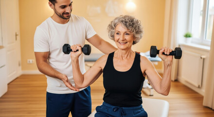 Physiotherapist assisting a happy senior woman with dumbbell exercises during a rehabilitation session. Concept of active aging, geriatric care, strength training, and wellness.