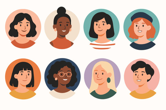 Set of diverse people avatars. Collection of multicultural women portraits. Flat vector illustration icons for profile pictures. Modern cartoon characters for team or community.