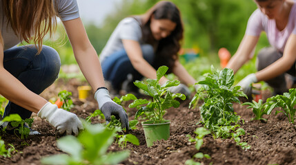 People planting trees or working in community garden promoting local food production