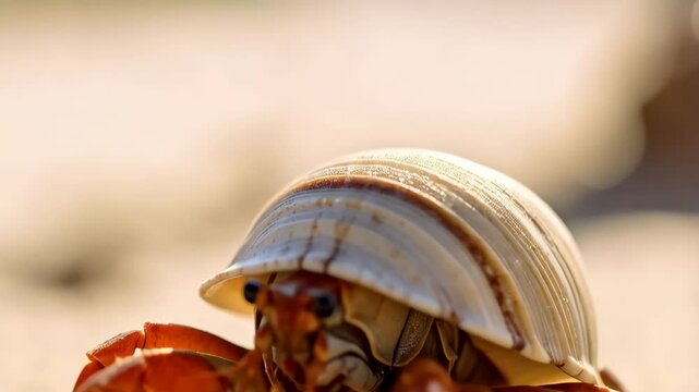 Close-up of a hermit crab on a sandy beach using a sea snail shell for protection on the shore