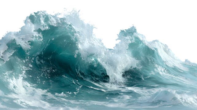 Dynamic ocean wave with foaming crests and turquoise water isolated on a isolated background illustrating power and natural beauty