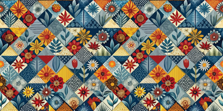 Vibrant floral patchwork design featuring colorful patterns and textures.