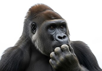 Fototapeta premium Gorilla Pondering Life's Mysteries - A thoughtful gorilla contemplates life, symbolizing wisdom, introspection, nature, power, and mystery. It’s a powerful evoking contemplation and wonder