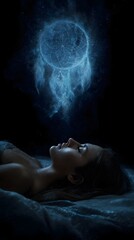 Ethereal dreamcatcher hovers above a sleeping figure