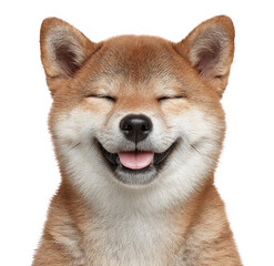 Smiling Shiba Inu doge with closed eyes image isolated transparent. Lovable japanese breed dog with tongue out cut out photo png. Friendly pet asian domestic animal cutout photography