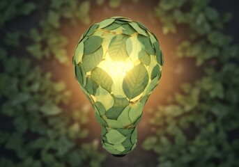 Green Energy Innovation: A Sustainable Future - A glowing lightbulb formed from leaves symbolizes renewable energy, eco-friendly solutions, sustainable living, environmental consciousness, and a