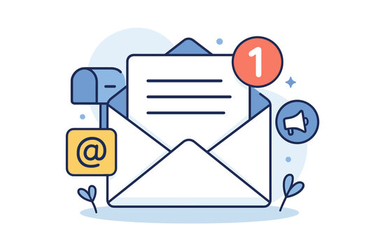 Email notification vector icon. Open envelope with a new message alert. Digital marketing, newsletter promotion concept with mailbox, at symbol, and megaphone. Communication.