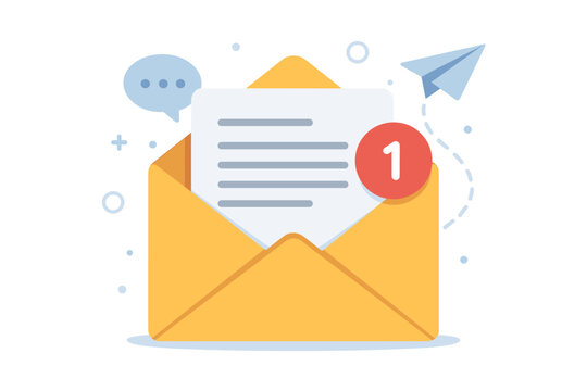 One new email message notification concept. Open yellow envelope with letter and alert counter. Digital mailbox, inbox, newsletter, and online communication vector illustration.