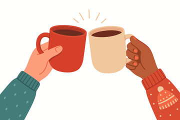 Diverse friends toasting with coffee mugs in winter sweaters. Christmas holiday celebration concept. Multicultural hands clinking cups of hot chocolate. Cozy vector illustration.