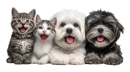 Happy kittens and Havanese dogs side by side image isolated transparent. Cheerful young cats, fluffy small breed doggies cut out photo png. Pets domestic animals cutout photography
