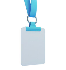Empty ID badge with blue clip lanyard image isolated transparent. Vertical pass visitor. Identity holder cut out photo png. Office identification cutout element object photography