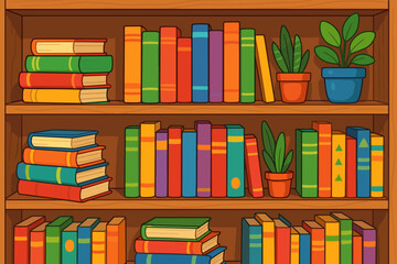 Fototapeta premium Bookshelf with colorful books and houseplants. Vector illustration concept for reading, literature, education, and knowledge. Home library interior, bookstore, or school background.