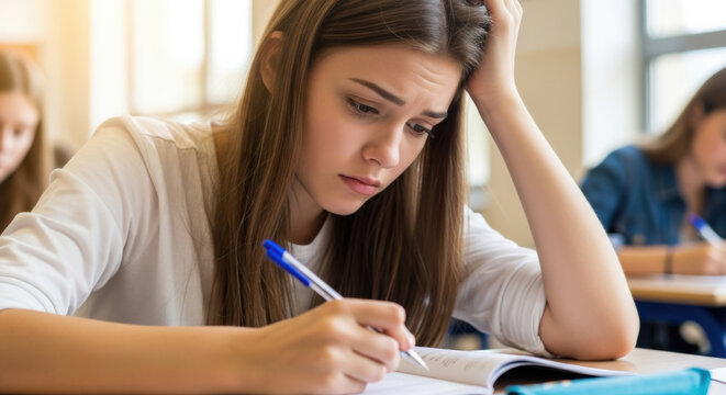 Stressed student girl writing exam in classroom. Anxious female pupil concentrating on difficult test. Worried teenager under pressure at school. Concept of education and learning.