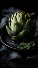 Obraz premium Artichoke in dramatic lighting on a black plate