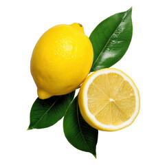 Whole lemon and halved citric fruit on leaves image isolated transparent. Vitamin C citrus limon cut out photo png. Lemonade ingredient. Sour fruit cutout element object photography