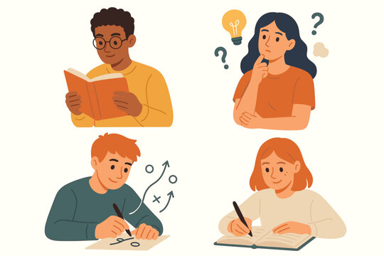 Diverse students learning collection. Young people reading book, woman thinking with lightbulb idea, man planning strategy, girl writing in notebook. Education and study concept vector set.