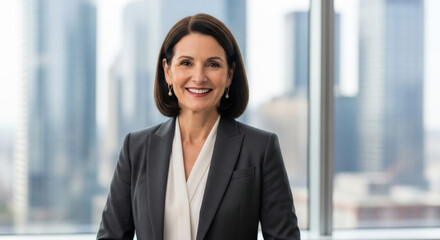 Successful mature business woman portrait. Confident female executive smiling in modern office. Corporate leader, CEO, manager headshot. Professional entrepreneur looking at camera.