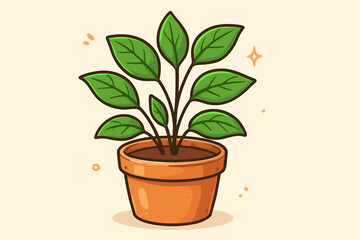 Cute cartoon potted plant vector illustration, isolated. Simple houseplant in a terracotta pot with fresh green leaves. Kawaii style icon for gardening, nature, growth, sticker.