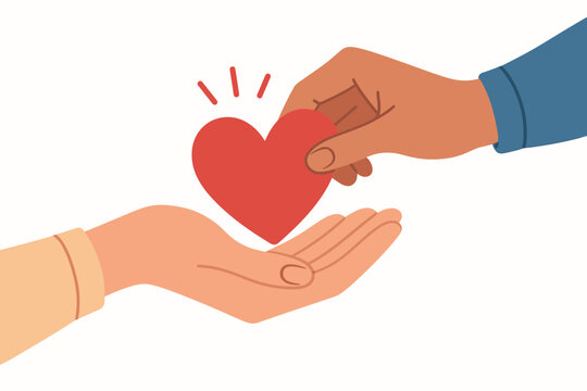 Hand giving red heart to another. Charity and donation concept. Vector illustration of volunteering, kindness, love, and support. Multiracial hands showing compassion and hope.
