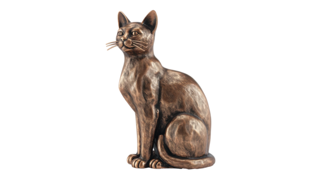 Copper cat statue with detailed whiskers and glossy finish isolated transparent background