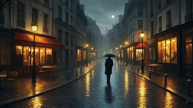 Rainy evening in Paris with a person holding an umbrella