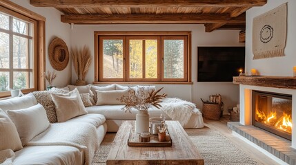 Farmhouse-style living room interior with a cozy sofa, fireplace, rustic wooden decor, and warm lighting 
