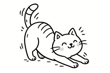 Cute stretching cat doodle. Simple kawaii kitten line art illustration. Happy feline animal character for coloring book. Minimalist pet outline drawing on white background.