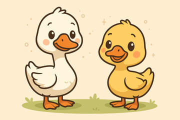 Cute cartoon goose and duckling friends illustration. Adorable kawaii farm bird characters standing on grass. Happy baby animals vector for nursery decor or children's book.