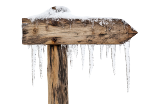 Snow-covered signpost adorned with icicles in a winter landscape indicating direction during the cold season