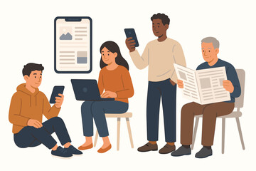 News consumption concept with diverse people. Digital media on smartphone and laptop versus traditional print newspaper. Generational difference in technology and information. Vector.