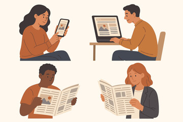 Digital vs traditional news consumption concept. Set of diverse people reading media on laptop, smartphone, and newspaper. Vector illustration for journalism, press, information.