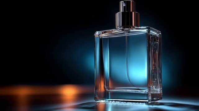Elegant glass perfume bottle illuminated by soft blue and orange lights showcasing its exquisite design and alluring fragrance