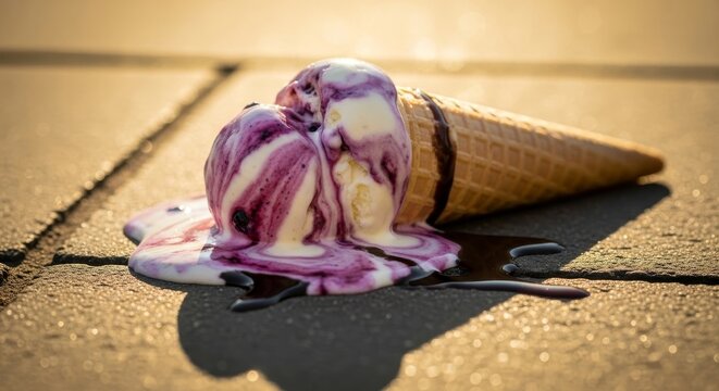 Melted Ice Cream Cone on Pavement - A delicious ice cream cone with blueberry swirl has fallen and melted on a warm pavement