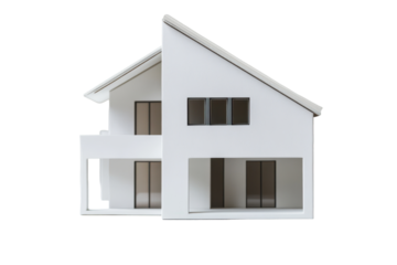 Modern white house model showcasing simple architecture with clean lines and functional design, perfect for contemporary living spaces